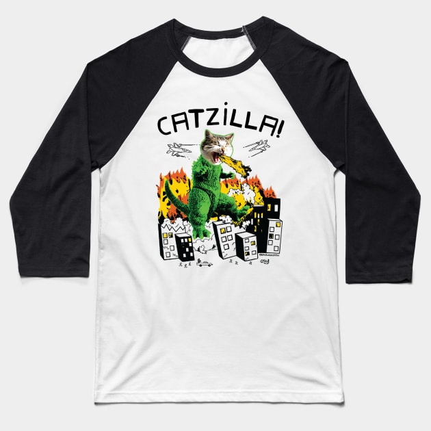 Catzilla Baseball T-Shirt by toddgoldmanart